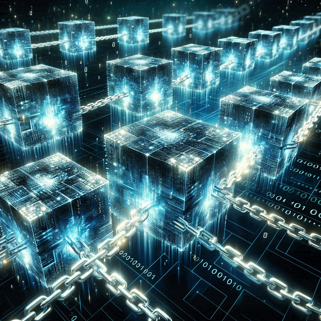 Interconnected blocks illustrating the concept of a decentralized blockchain ledger.