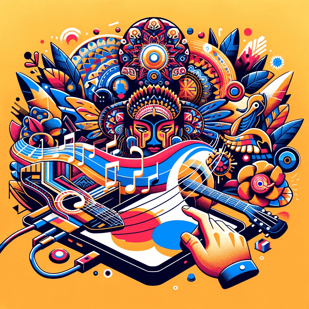 A colorful artwork blending traditional Filipino cultural symbols with modern digital motifs and musical elements, representing the thriving NFT scene in the Philippines.