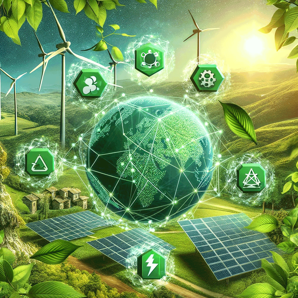 A visionary depiction of a sustainable future, featuring the Earth with blockchain networks powered by renewable energy sources like wind turbines and solar panels, symbolizing Tatak Mo's dedication to eco-conscious innovation.