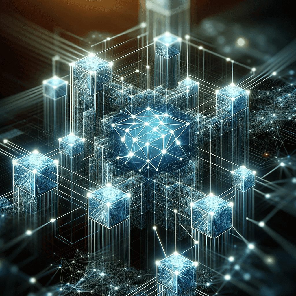 Digital illustration of a complex blockchain structure, showcasing a secure, transparent, and immutable network of interconnected blocks and nodes.