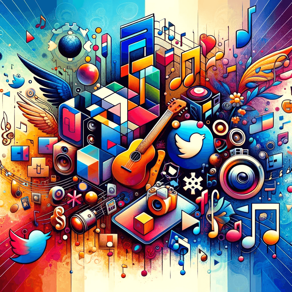 A colorful collage featuring elements of digital art, music, and social media icons, representing the multifaceted nature of NFTs and their impact on various forms of digital content