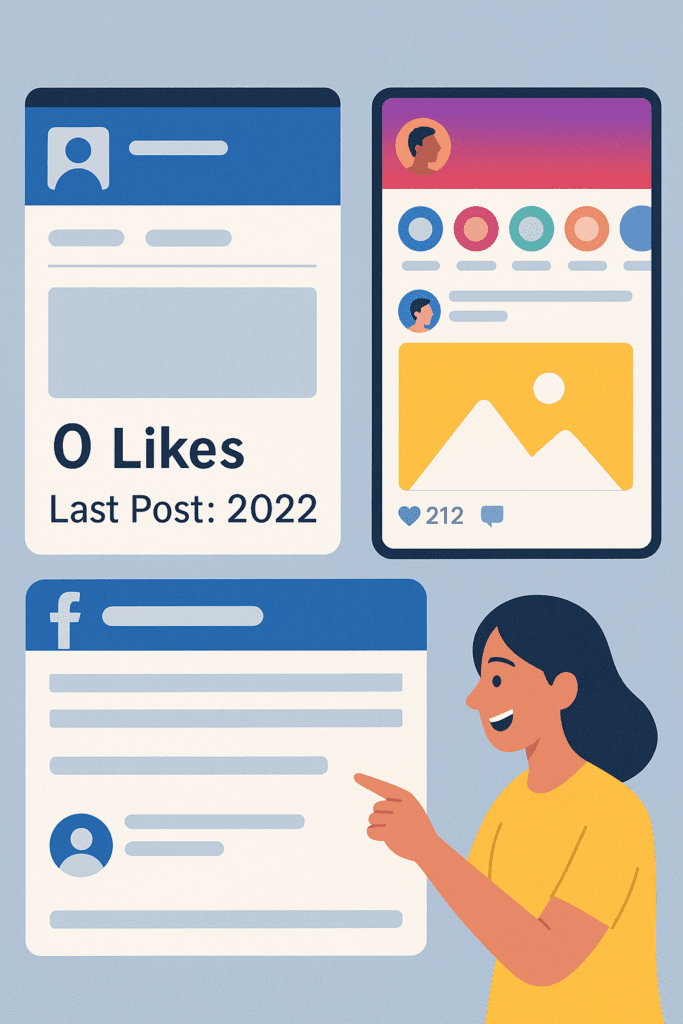 Illustration comparing an inactive Facebook page with zero likes and a last post dated 2022 to an active Instagram page showing high engagement and a happy user pointing at the content.