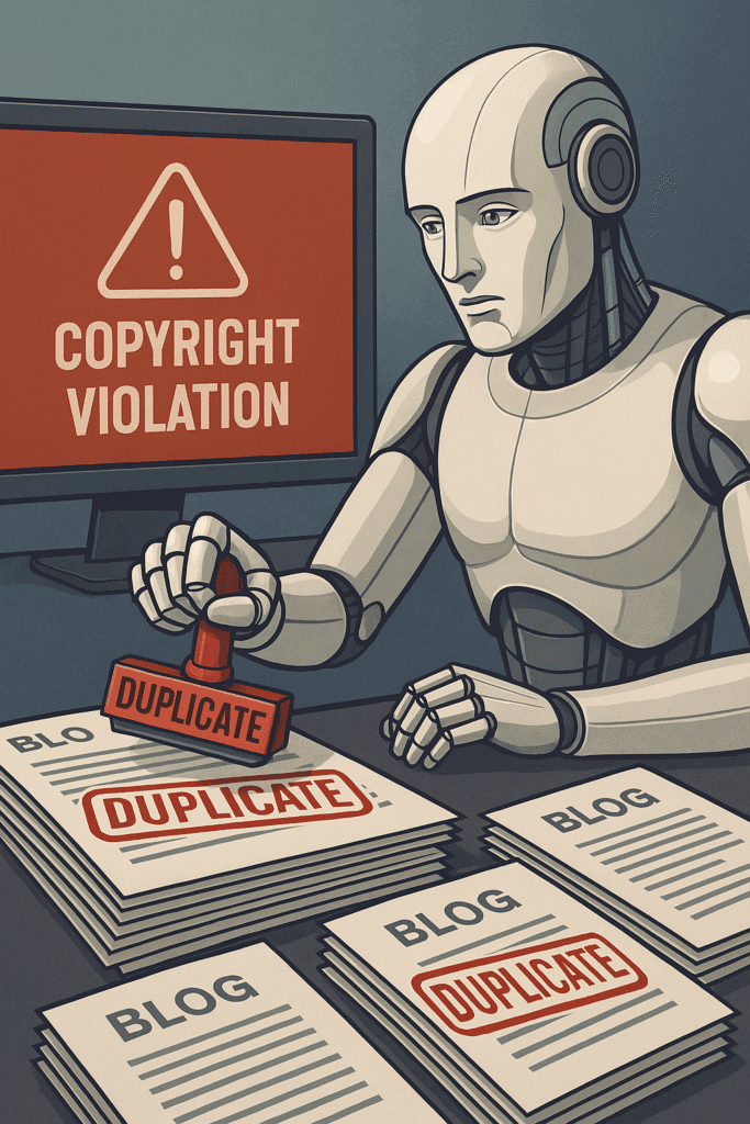 Illustration of a robot stamping 'Duplicate' on stacks of blog articles, with a computer screen showing a red 'Copyright Violation' warning, highlighting the dangers of AI-generated plagiarized content.