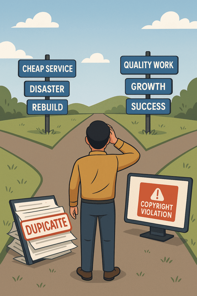 Illustration of a Filipino entrepreneur standing at a forked road, with one path labeled 'Cheap Service → Disaster → Rebuild' and the other labeled 'Quality Work → Growth → Success,' symbolizing the choice between low-cost failure and long-term success.