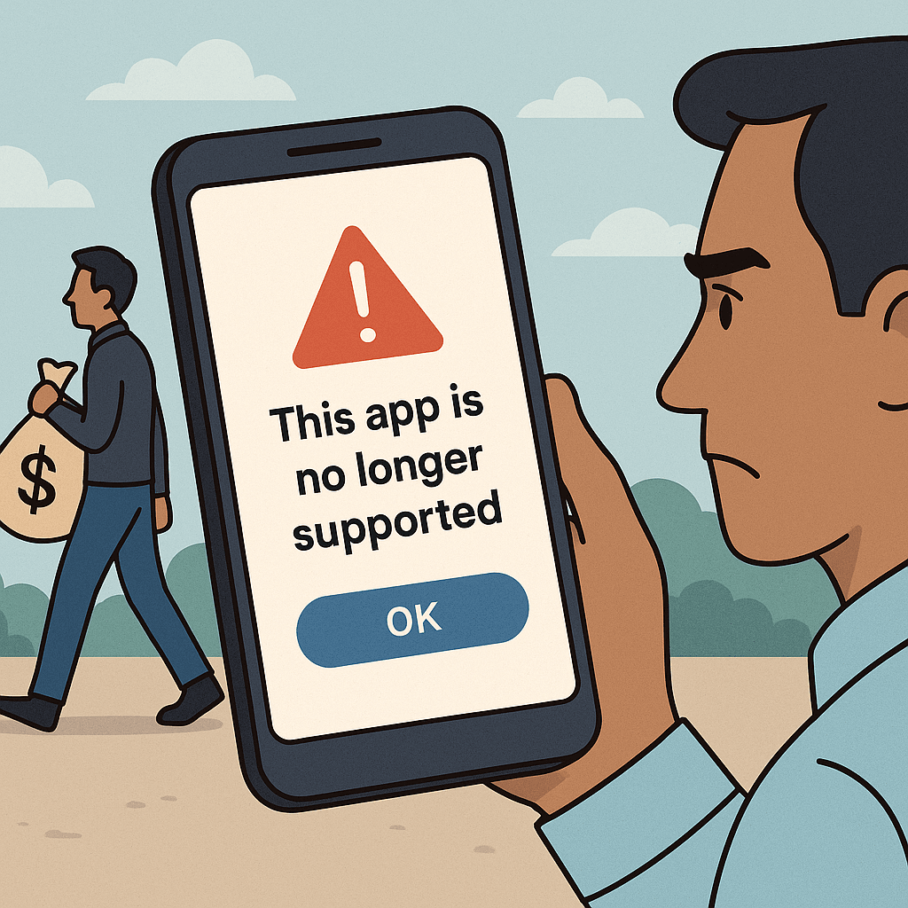 A business owner looks at his phone showing an error message saying ‘This app is no longer supported’ while a developer walks away with a money bag in the background.
