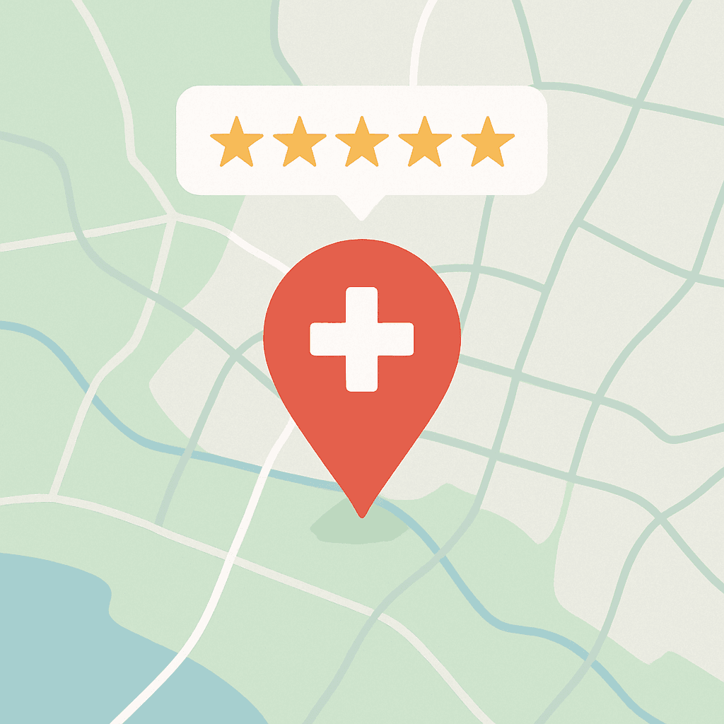 Illustration of a Google map with a clinic pin and positive reviews.