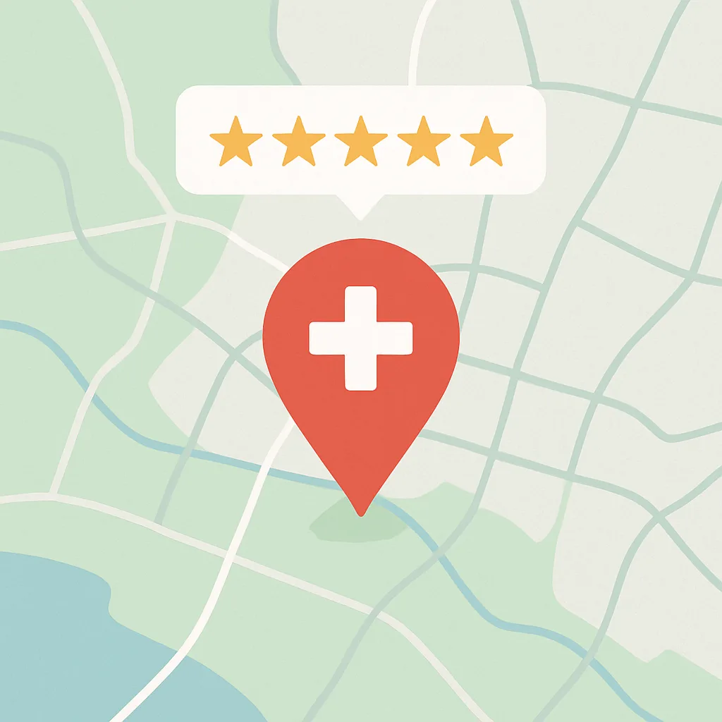 Illustration of a Google map with a clinic pin and positive reviews.