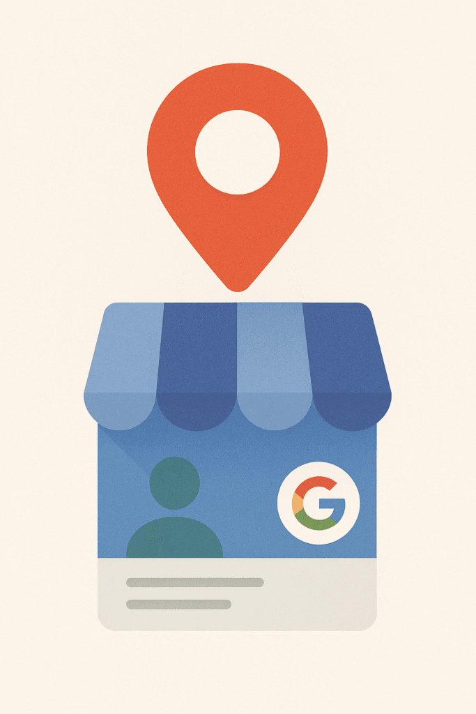 Flat vector illustration of a red location pin pointing to a blue Google My Business profile card with a storefront awning, user avatar, and Google logo.
