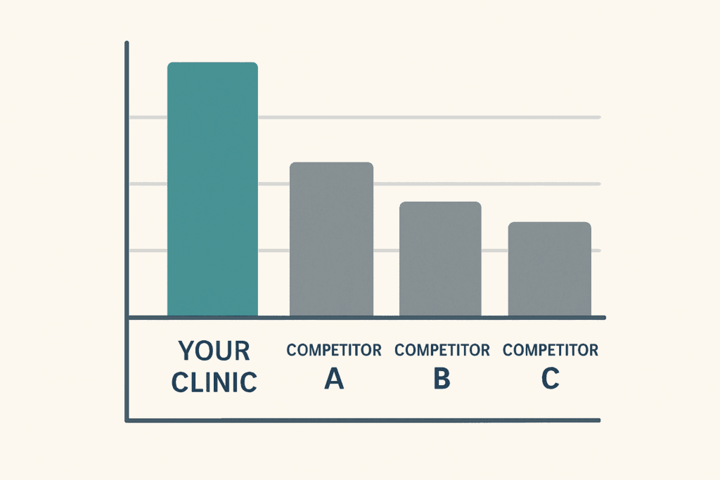 Flat vector illustration of a bar chart comparing “Your Clinic” to Competitor A, B, and C, with “Your Clinic” represented by a taller teal bar and competitors shown with shorter gray bars.