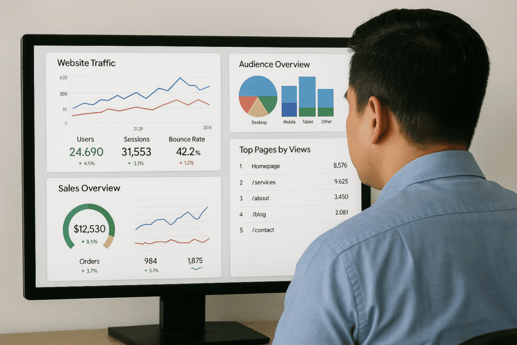 Illustration of analytics tools and reports.
