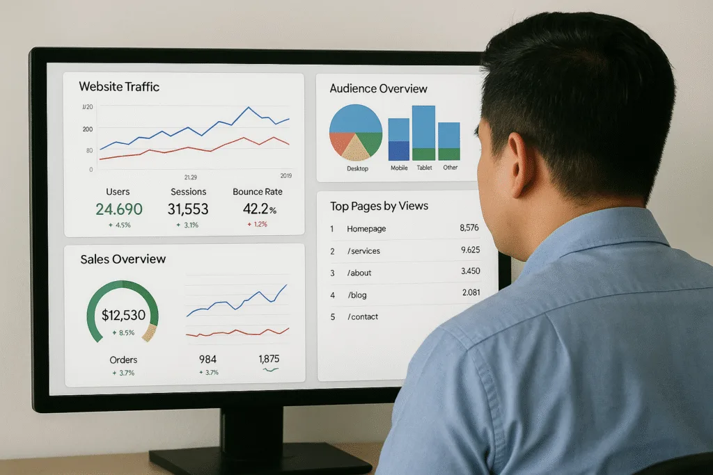 Illustration of analytics tools and reports.