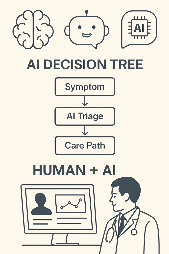 An infographic illustrating how artificial intelligence supports clinical decision-making. A flowchart shows symptoms leading to AI triage, then to a recommended care path. Below, a doctor reviews patient data on a computer, highlighting human-AI collaboration in modern healthcare.