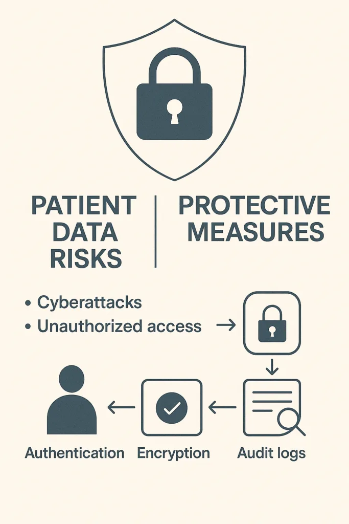 An infographic showing the risks to patient data, such as cyberattacks and unauthorized access, alongside protective measures. Visual icons represent authentication, encryption, and audit logs, emphasizing strategies for securing health information in digital systems.