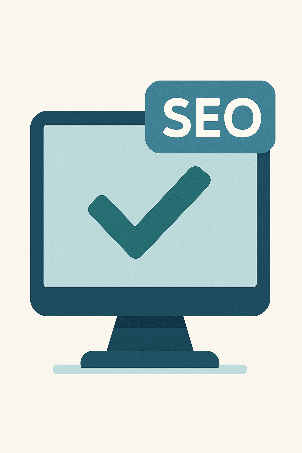 Flat vector illustration of a computer monitor displaying a green checkmark and an SEO tag, symbolizing search engine optimization verification and success.