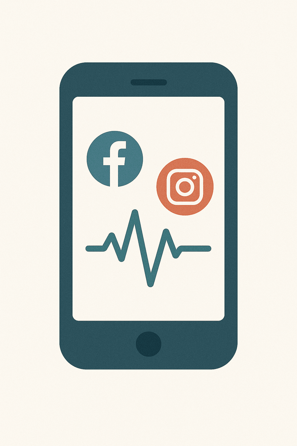 Flat vector illustration of a smartphone displaying Facebook and Instagram icons above a green ECG heart rate line on a light screen.