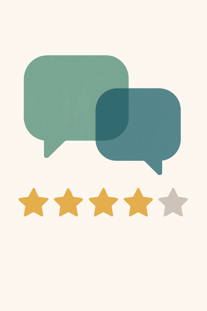 Flat vector illustration of two overlapping speech bubbles above a five-star rating, with four gold stars and one gray star on an off-white background.