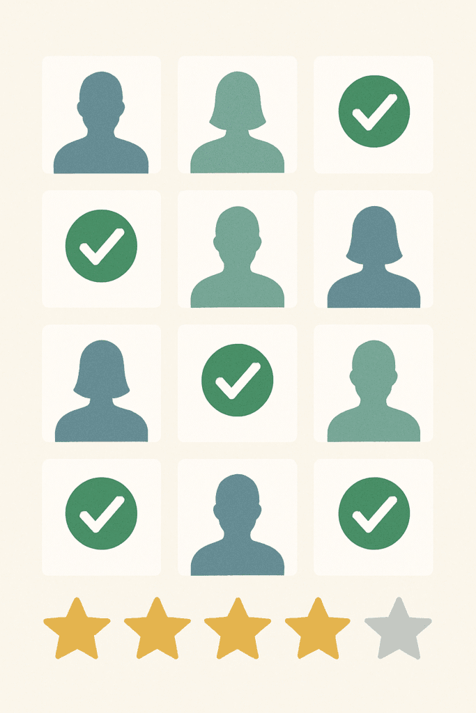Flat vector illustration showing a 3x3 grid of user profile icons with green checkmark logos beside each profile and a row of five stars underneath, four gold and one gray.