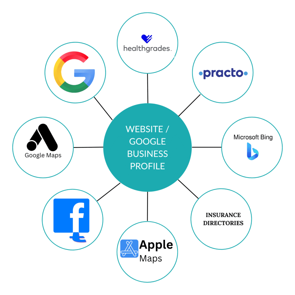 Citation wheel showing key directories and associations supporting local SEO for healthcare.