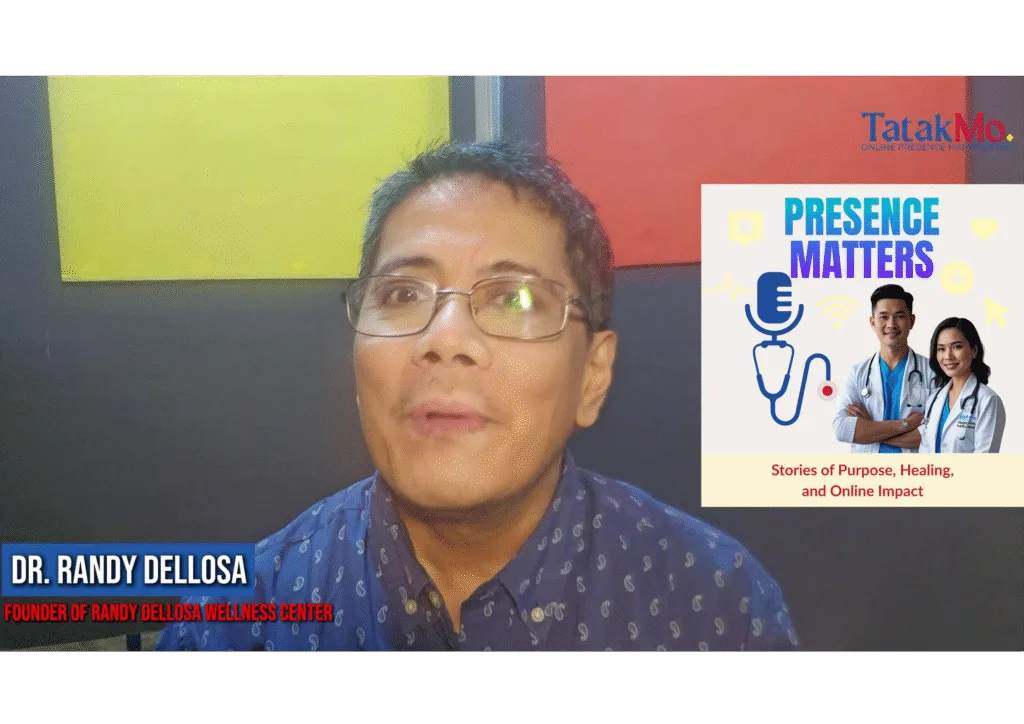 Dr. Randy Dellosa speaks during his guest appearance on the Presence Matters podcast, discussing integrative healing, mental health, and the importance of online presence for health professionals. The podcast branding and Tatak Mo logo are visible in the background.