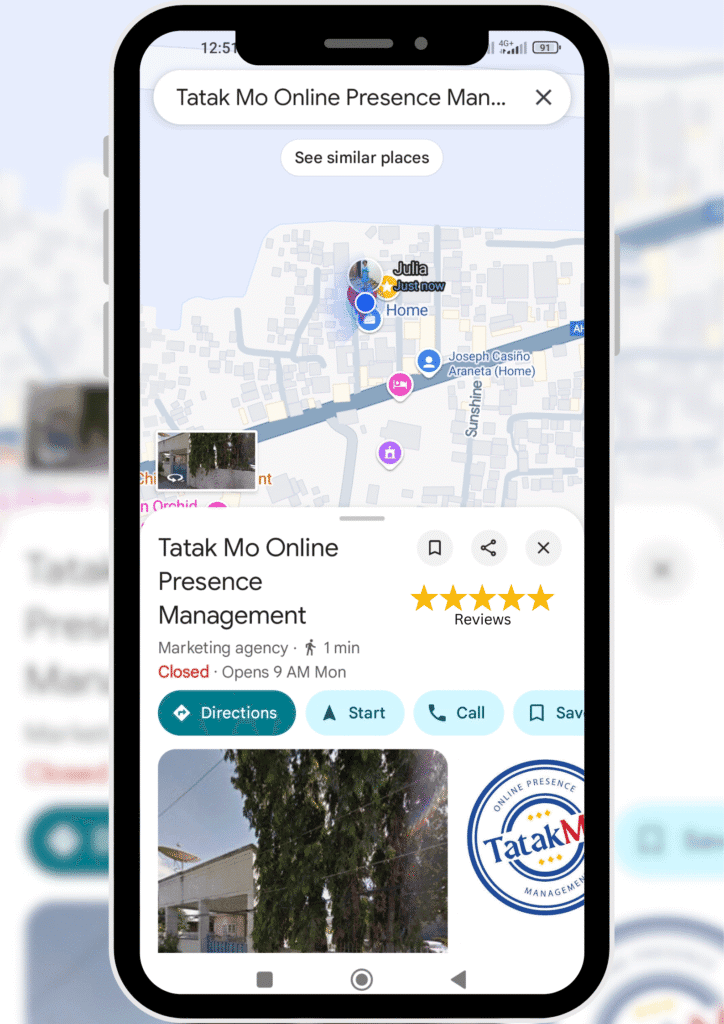 Screenshot of a Google Business Profile showing local SEO for healthcare and digital marketing, featuring Tatak Mo Online Presence Management with 5-star reviews, directions, call button, business hours, and map pin location.