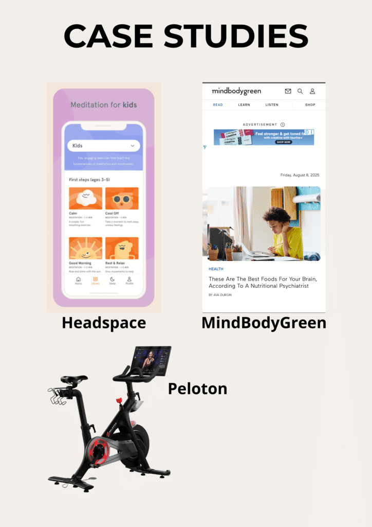 Split-screen collage for content marketing for wellness brands featuring the Headspace app interface, Mindbodygreen homepage, and a Peloton bike showing a live class.