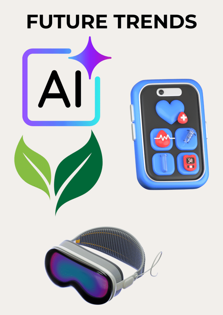 Futuristic wellness trends graphic for content marketing for wellness brands showing an AI icon, eco-leaf, mobile health tracker, and VR headset.