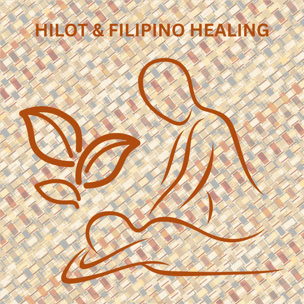 A line illustration on a woven native background depicting a healer performing Hilot massage on a lying figure, accompanied by a leaf motif symbolizing herbal integration. The image emphasizes the cultural and holistic nature of Filipino healing practices.