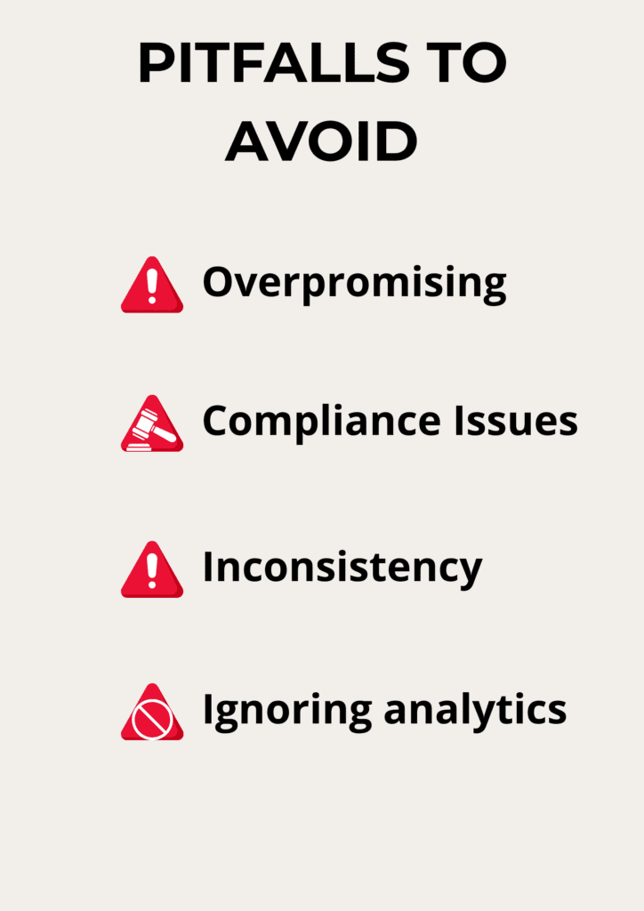 List-style infographic for content marketing for wellness brands showing common mistakes: overpromising, compliance issues, inconsistency, and ignoring analytics.