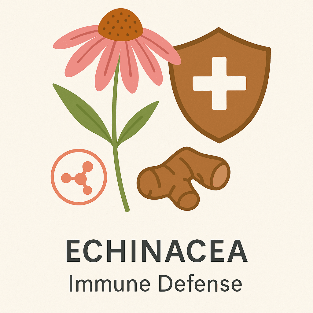 A flat-style digital illustration showing a pink echinacea flower beside a brown shield with a white cross, symbolizing echinacea’s role in supporting the immune system.