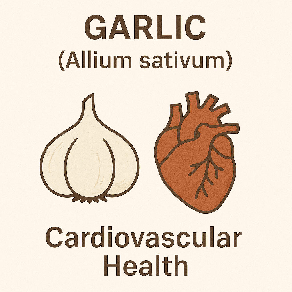 A flat digital illustration showing a garlic bulb beside a human heart icon, symbolizing garlic’s potential role in supporting cardiovascular health.