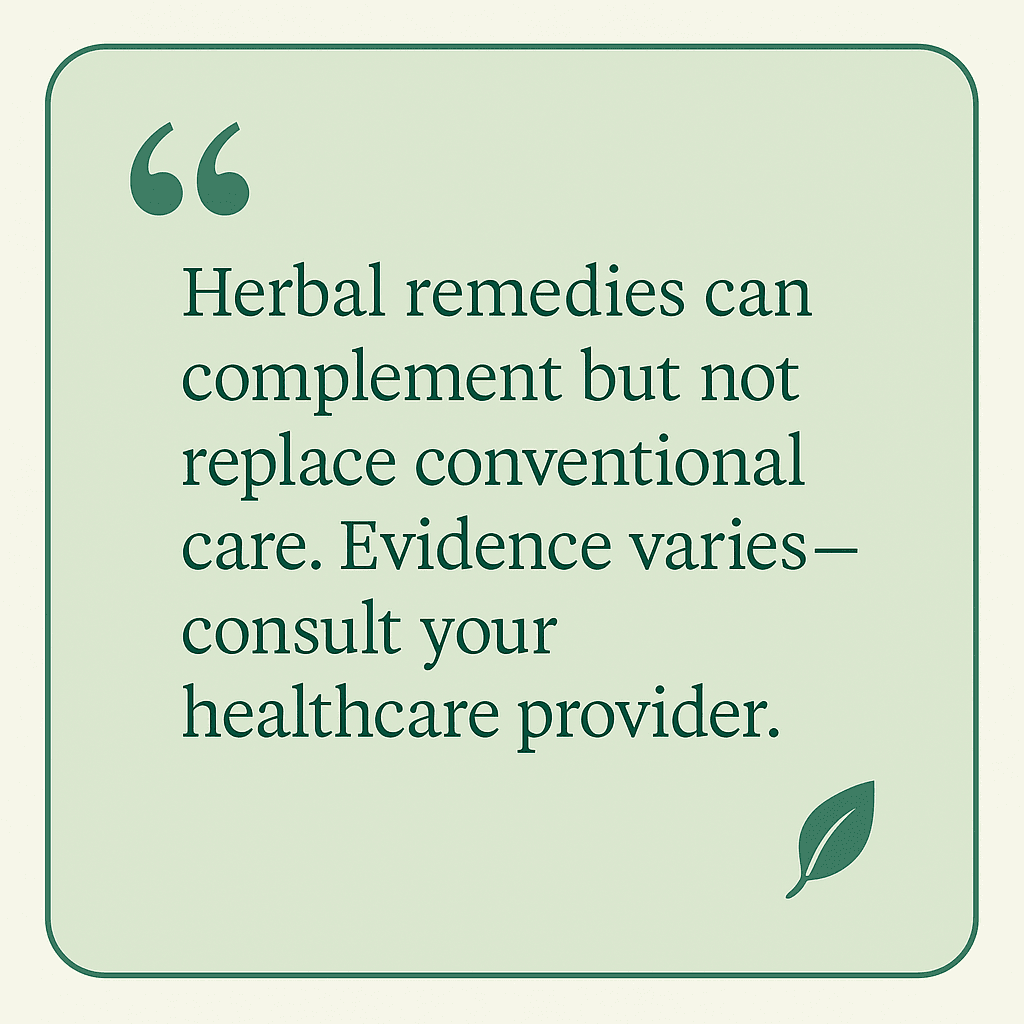 A boxed pull-quote graphic with a light green background and a small herbal leaf icon. The text reads: “Herbal remedies can complement but not replace conventional care. Evidence varies—consult your healthcare provider.”