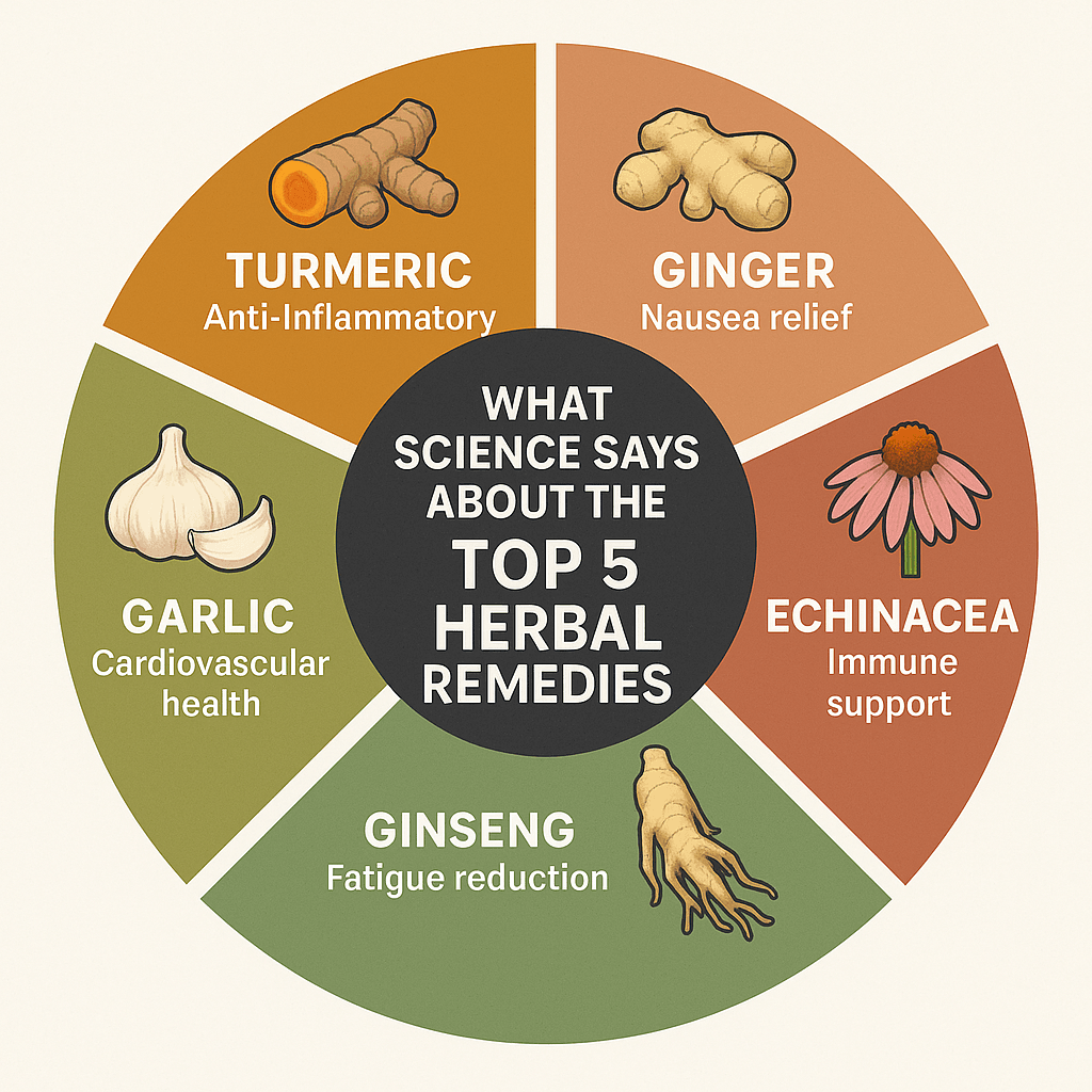 A circular infographic with five colored segments radiating from a central circle labeled “What Science Says About the Top 5 Herbal Remedies.” Each segment highlights one herb with a simple illustration and key benefit: • Turmeric – Anti-inflammatory • Ginger – Nausea relief • Garlic – Cardiovascular health • Ginseng – Fatigue reduction • Echinacea – Immune support