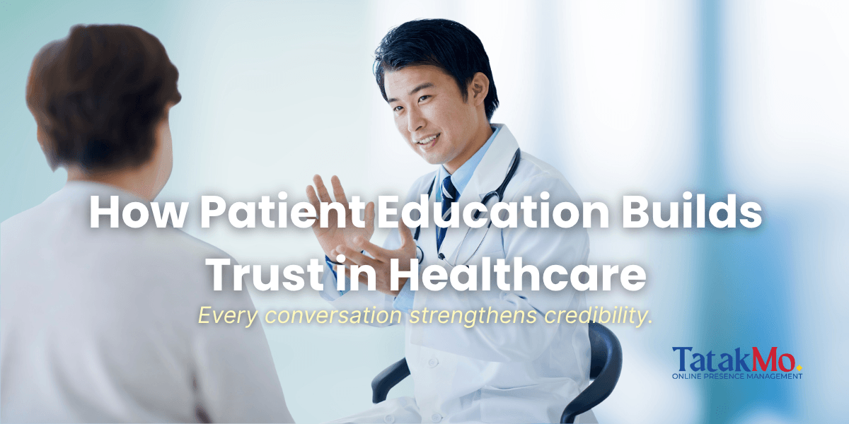 Doctor explaining a treatment plan to a patient using a tablet, illustrating how patient education helps build trust in healthcare. Text overlay reads “How Patient Education Builds Trust in Healthcare – Every conversation strengthens credibility.”