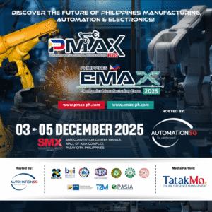 Promotional banner for PMAX and EMAX 2025 — the Philippines Manufacturing & Automation Expo and Electronics Manufacturing Expo happening on December 3–5, 2025 at SMX Convention Center Manila. Hosted by AutomationSG and presented in partnership with Tatak Mo Online Presence Management as the official digital media partner.