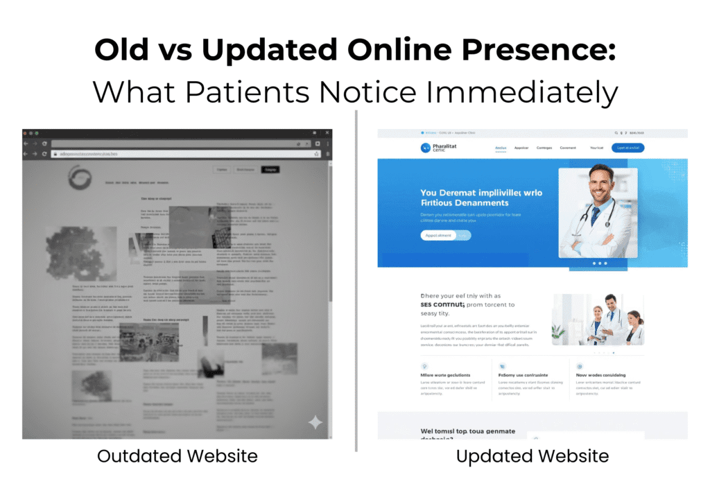 Side-by-side comparison of outdated and updated online presence for clinics.