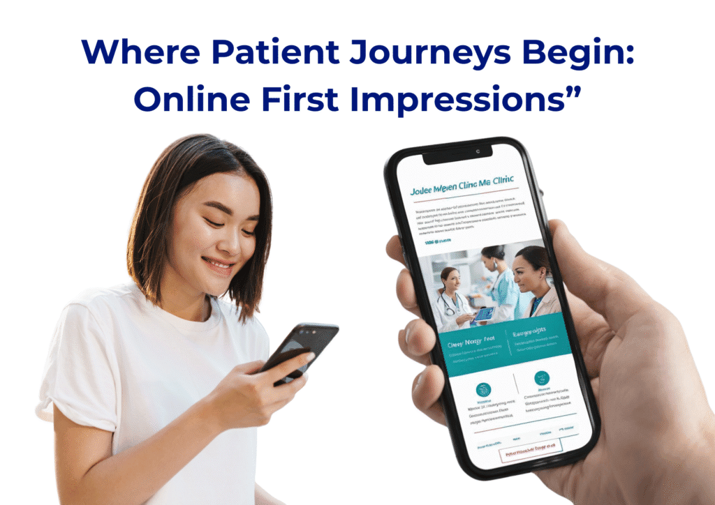 Illustration showing how an updated online presence shapes first impressions for healthcare patients.
