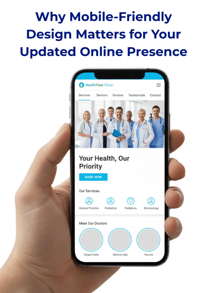 Patient using mobile phone to view an updated online presence of a healthcare clinic