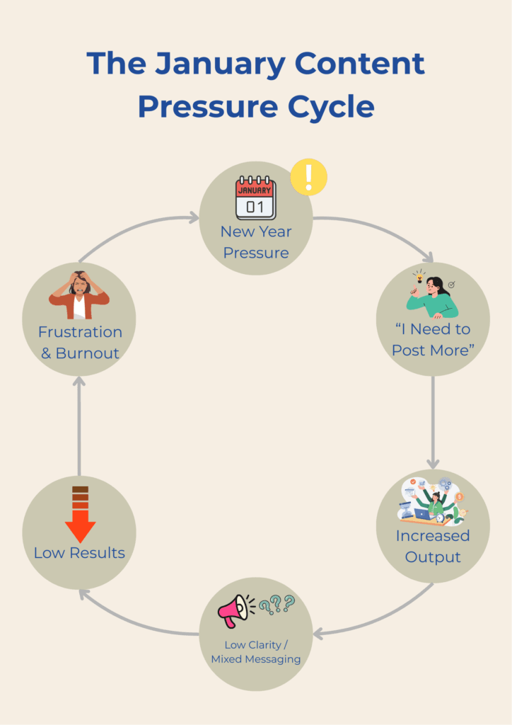 Infographic showing January content marketing mistakes as a cycle of pressure, overposting, confusion, and burnout