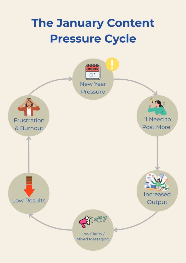 Infographic showing January content marketing mistakes as a cycle of pressure, overposting, confusion, and burnout