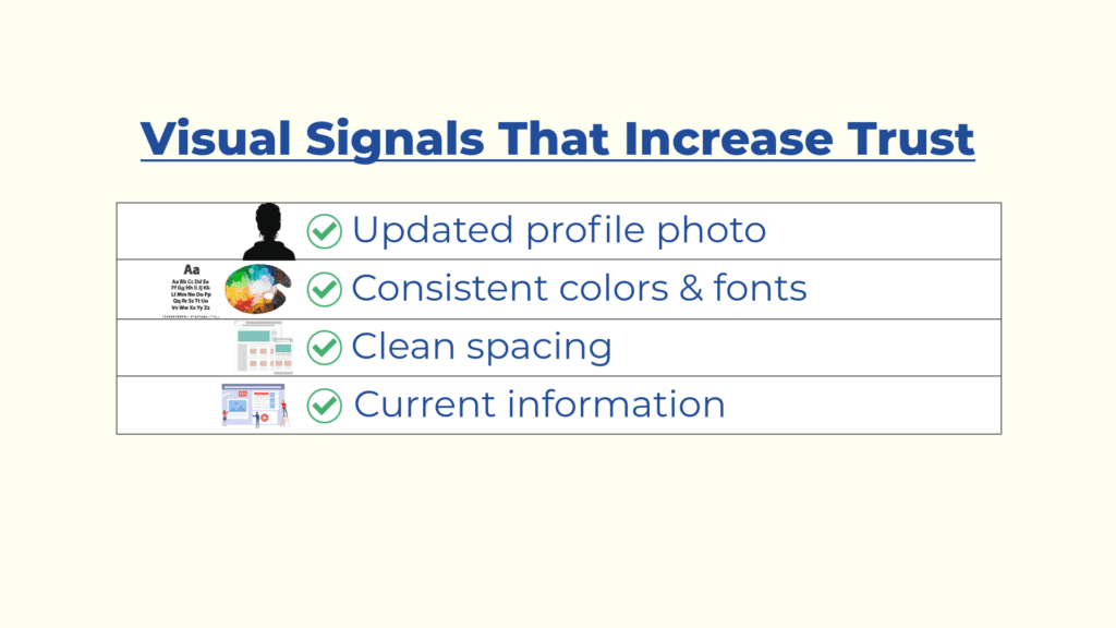 Checklist graphic outlining visual elements of a trustworthy professional profile including photo, layout, and consistency