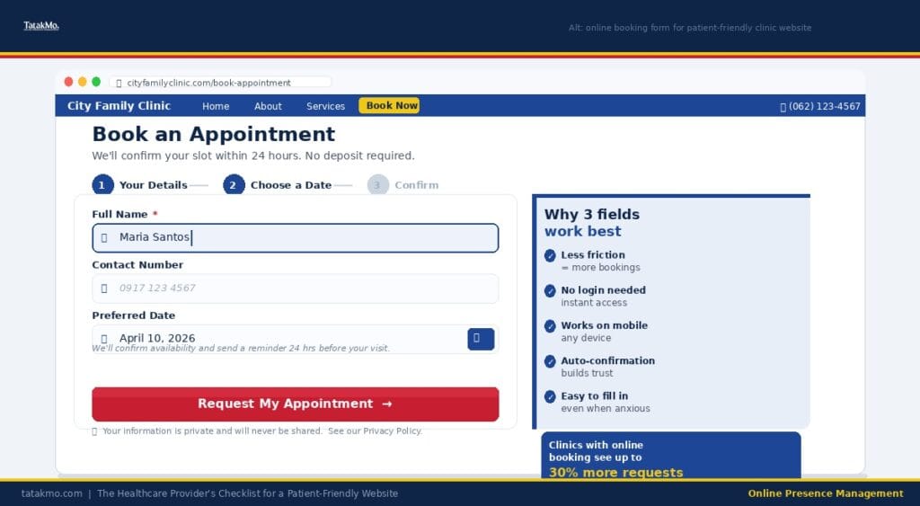 online booking form for patient-friendly clinic website