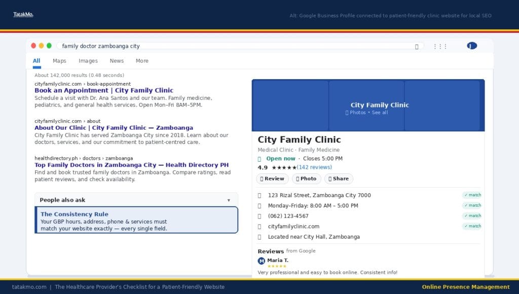 Google Business Profile connected to patient-friendly clinic website for local SEO